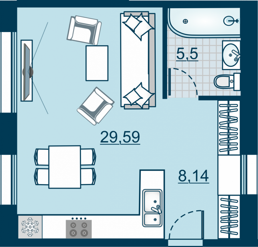 1 этаж 1-комнатн. 43.94 кв.м.